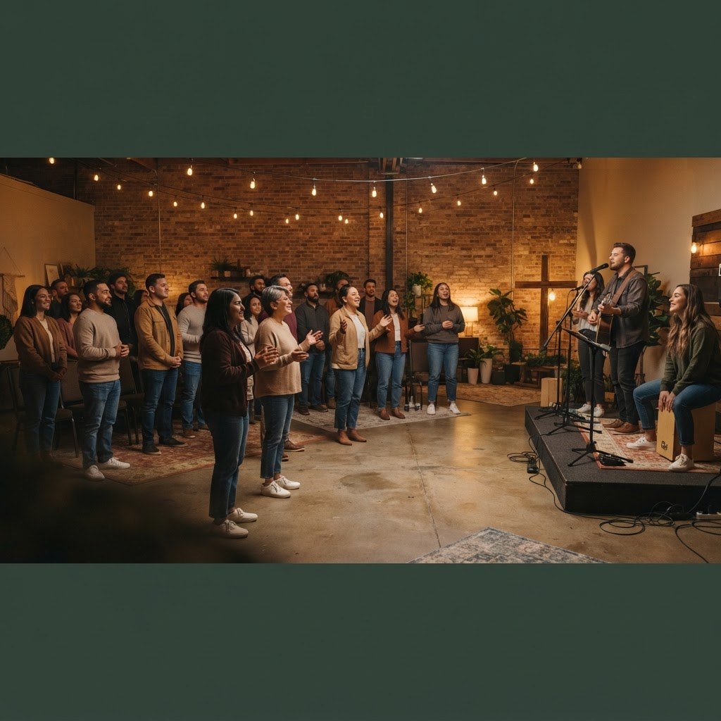 A diverse congregation gathered in worship